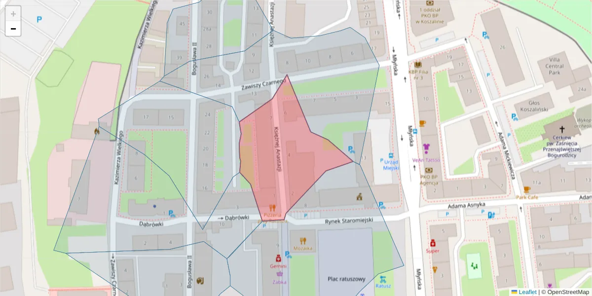 Szczegółowa mapa kodu pocztowego 75-056 z granicami, sąsiednimi kodami pocztowymi i urzędami pocztowymi