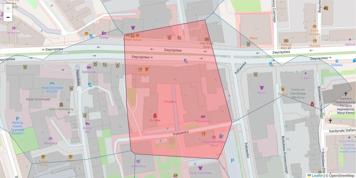 Szczegółowa mapa kodu pocztowego 75-072 z granicami, sąsiednimi kodami pocztowymi i urzędami pocztowymi