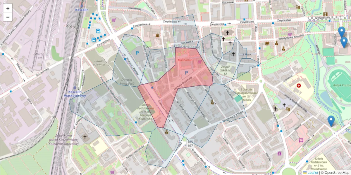 Szczegółowa mapa kodu pocztowego 75-074 z granicami, sąsiednimi kodami pocztowymi i urzędami pocztowymi
