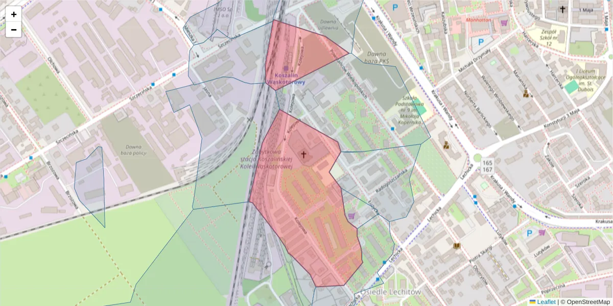 Szczegółowa mapa kodu pocztowego 75-108 z granicami, sąsiednimi kodami pocztowymi i urzędami pocztowymi