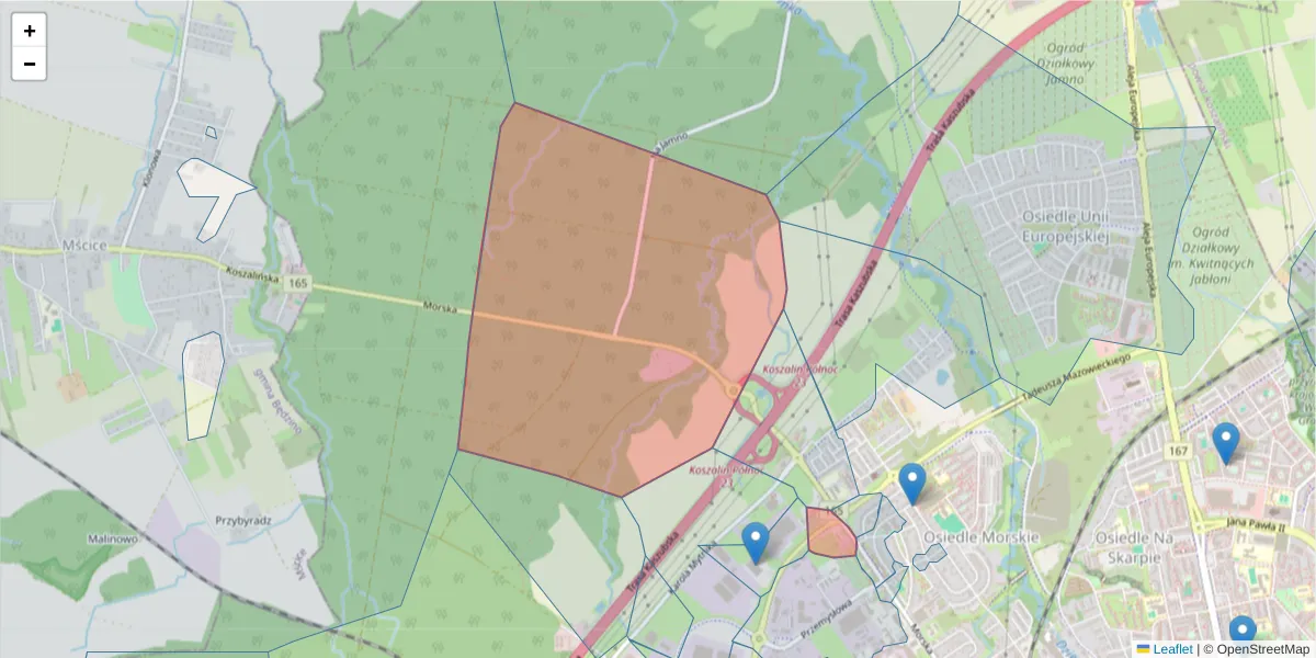 Szczegółowa mapa kodu pocztowego 75-217 z granicami, sąsiednimi kodami pocztowymi i urzędami pocztowymi
