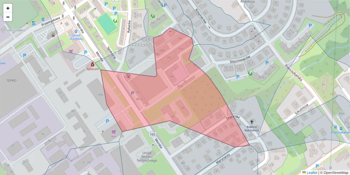 Szczegółowa mapa kodu pocztowego 75-227 z granicami, sąsiednimi kodami pocztowymi i urzędami pocztowymi