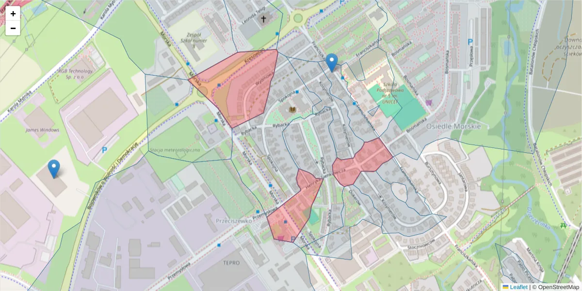 Szczegółowa mapa kodu pocztowego 75-229 z granicami, sąsiednimi kodami pocztowymi i urzędami pocztowymi