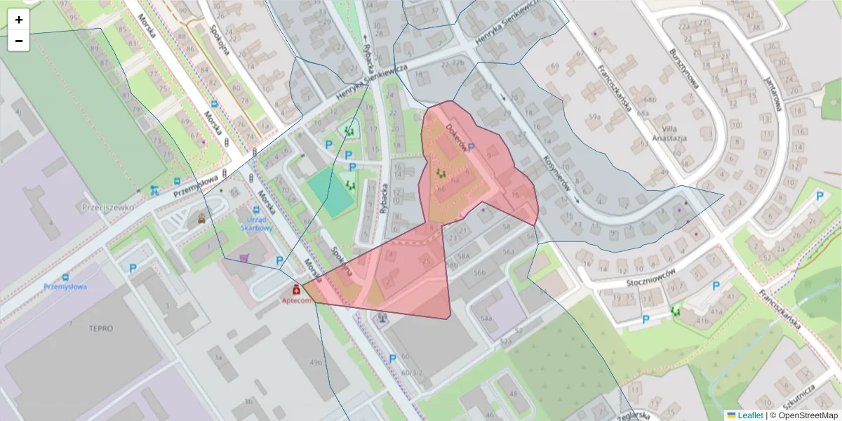 Szczegółowa mapa kodu pocztowego 75-230 z granicami, sąsiednimi kodami pocztowymi i urzędami pocztowymi