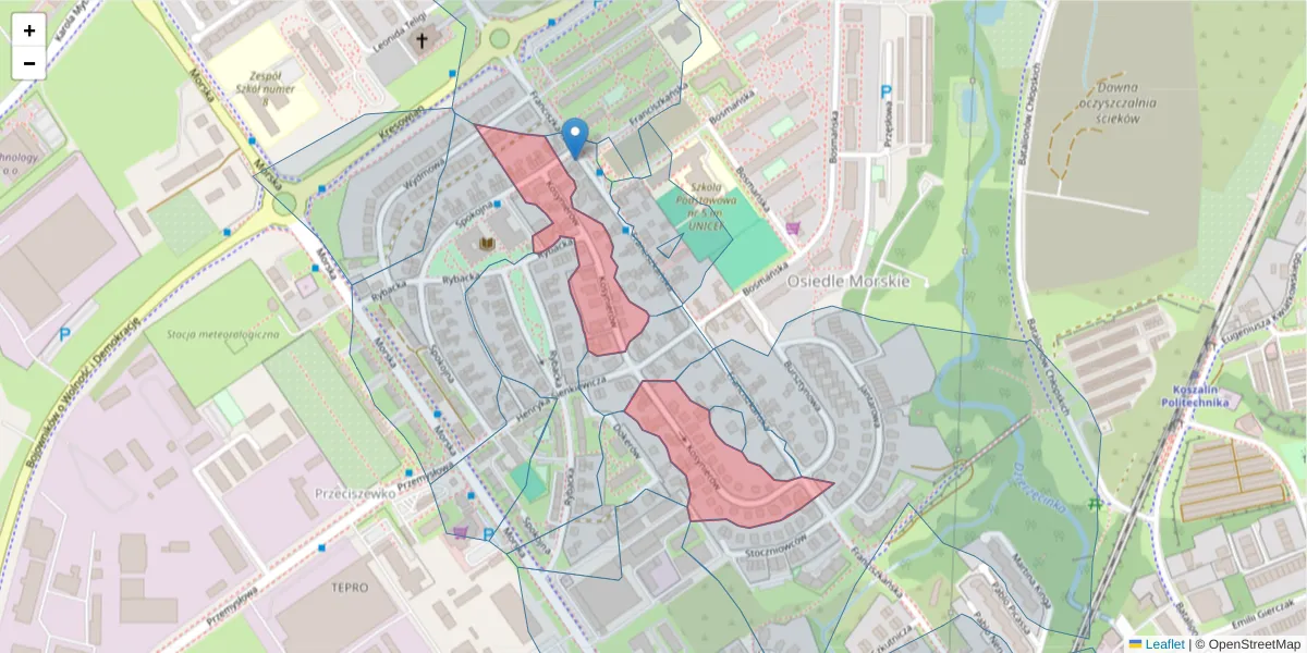 Szczegółowa mapa kodu pocztowego 75-232 z granicami, sąsiednimi kodami pocztowymi i urzędami pocztowymi