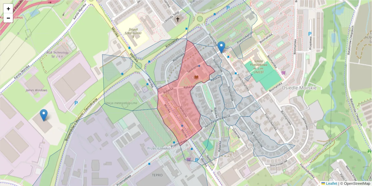 Szczegółowa mapa kodu pocztowego 75-233 z granicami, sąsiednimi kodami pocztowymi i urzędami pocztowymi