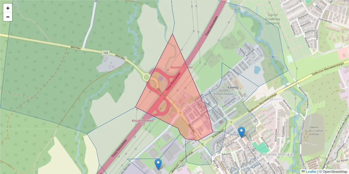 Szczegółowa mapa kodu pocztowego 75-235 z granicami, sąsiednimi kodami pocztowymi i urzędami pocztowymi