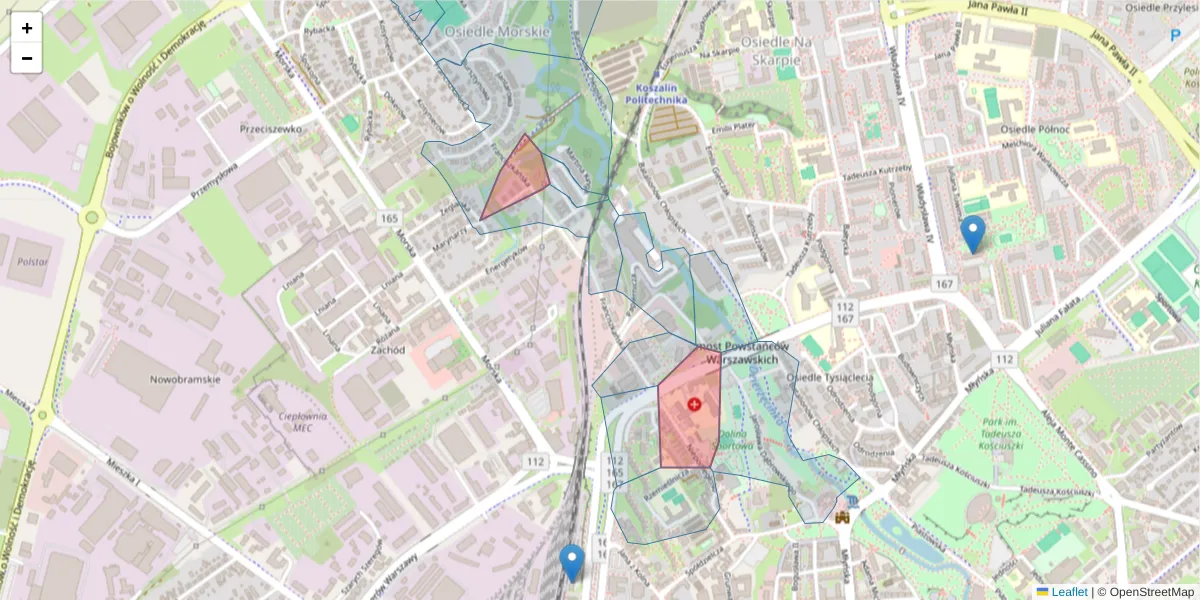 Szczegółowa mapa kodu pocztowego 75-252 z granicami, sąsiednimi kodami pocztowymi i urzędami pocztowymi