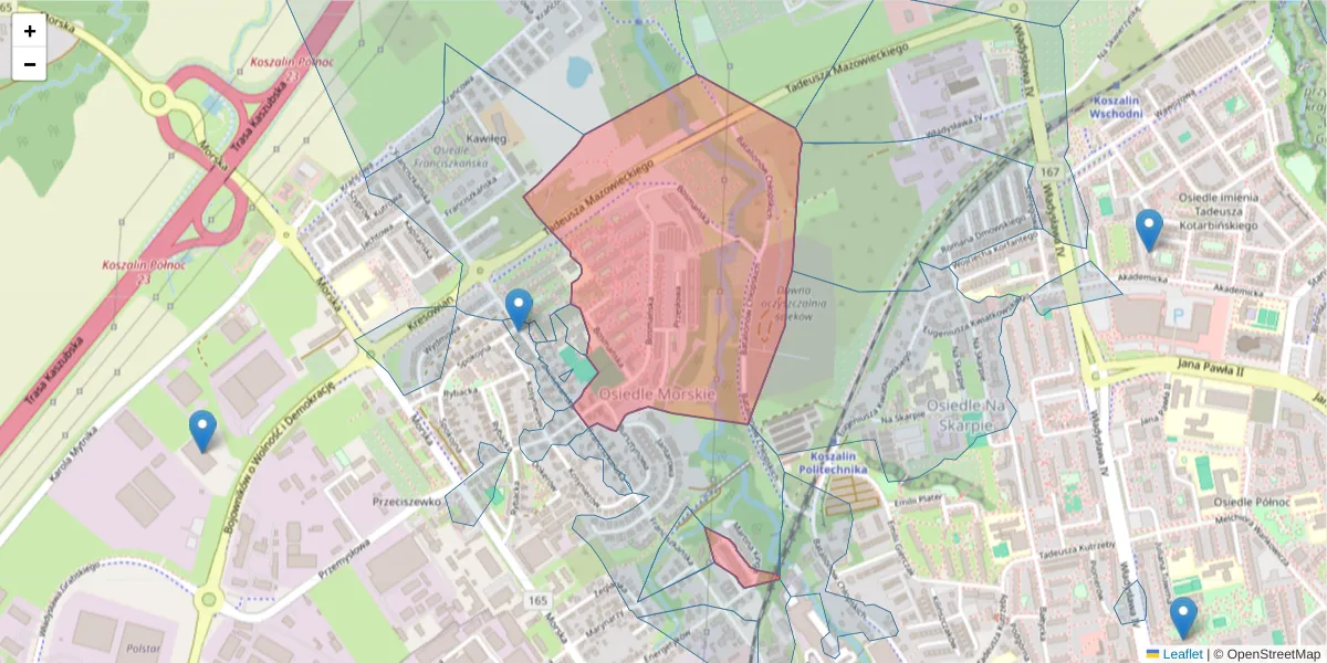 Szczegółowa mapa kodu pocztowego 75-257 z granicami, sąsiednimi kodami pocztowymi i urzędami pocztowymi