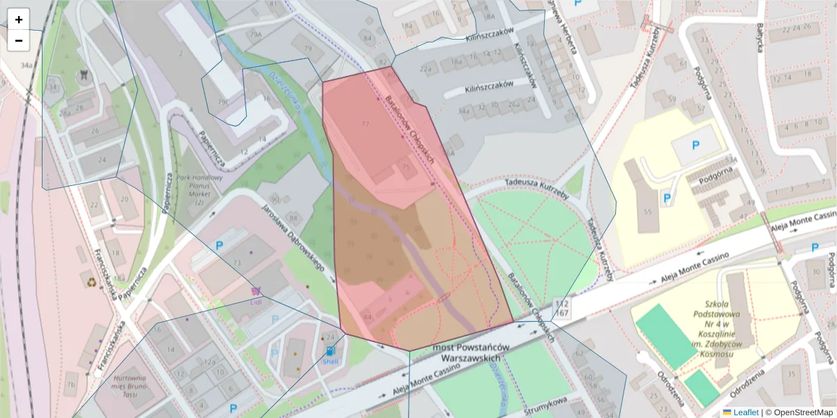 Szczegółowa mapa kodu pocztowego 75-303 z granicami, sąsiednimi kodami pocztowymi i urzędami pocztowymi