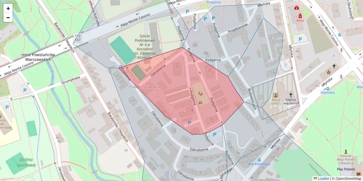 Szczegółowa mapa kodu pocztowego 75-320 z granicami, sąsiednimi kodami pocztowymi i urzędami pocztowymi