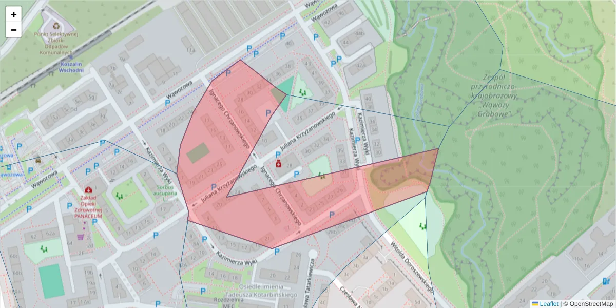 Szczegółowa mapa kodu pocztowego 75-327 z granicami, sąsiednimi kodami pocztowymi i urzędami pocztowymi