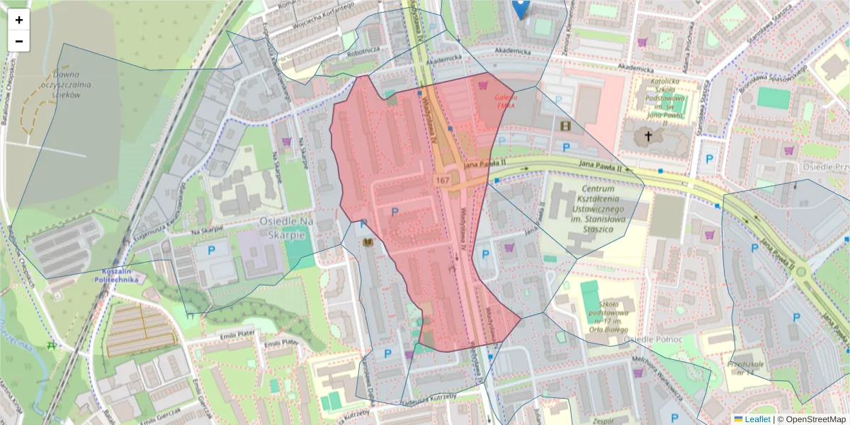 Szczegółowa mapa kodu pocztowego 75-360 z granicami, sąsiednimi kodami pocztowymi i urzędami pocztowymi