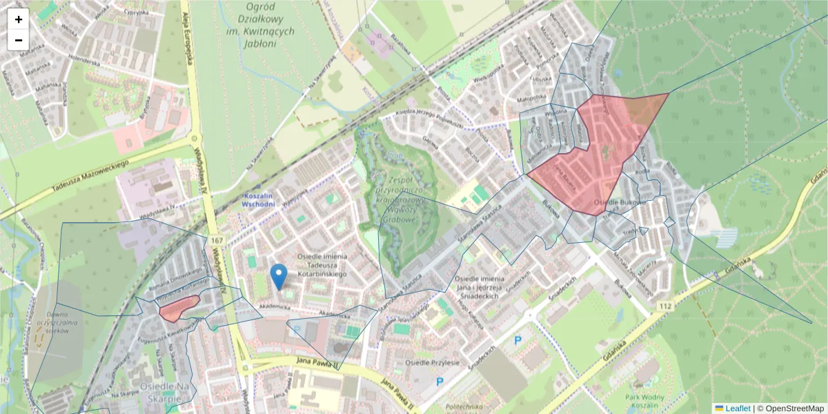 Szczegółowa mapa kodu pocztowego 75-363 z granicami, sąsiednimi kodami pocztowymi i urzędami pocztowymi