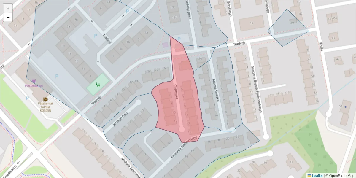 Szczegółowa mapa kodu pocztowego 75-391 z granicami, sąsiednimi kodami pocztowymi i urzędami pocztowymi