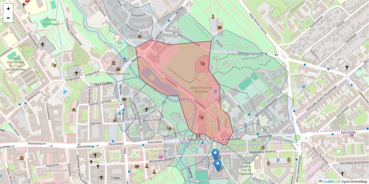 Szczegółowa mapa kodu pocztowego 75-400 z granicami, sąsiednimi kodami pocztowymi i urzędami pocztowymi