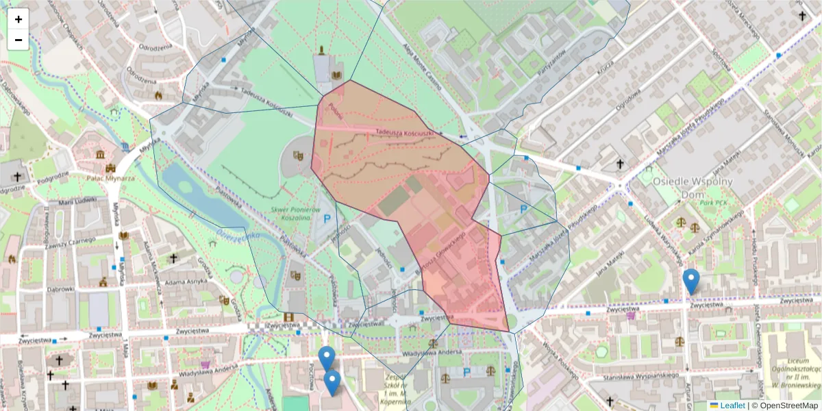 Szczegółowa mapa kodu pocztowego 75-402 z granicami, sąsiednimi kodami pocztowymi i urzędami pocztowymi