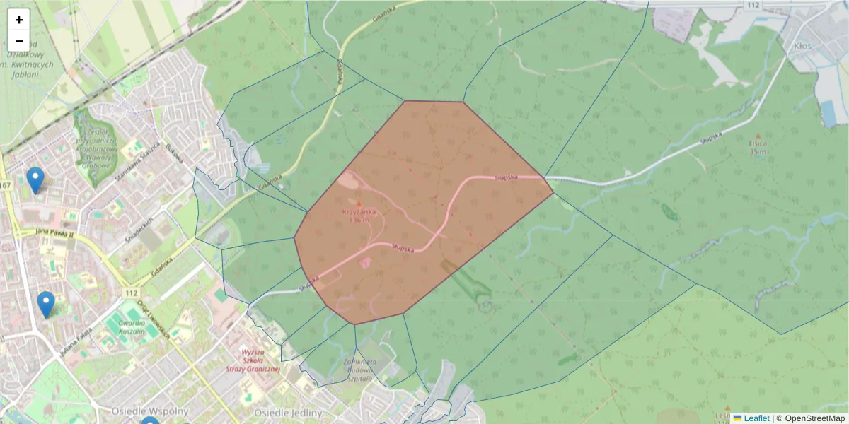 Szczegółowa mapa kodu pocztowego 75-438 z granicami, sąsiednimi kodami pocztowymi i urzędami pocztowymi