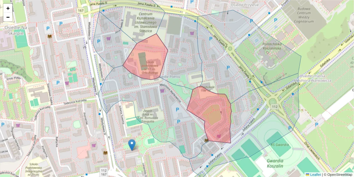 Szczegółowa mapa kodu pocztowego 75-445 z granicami, sąsiednimi kodami pocztowymi i urzędami pocztowymi