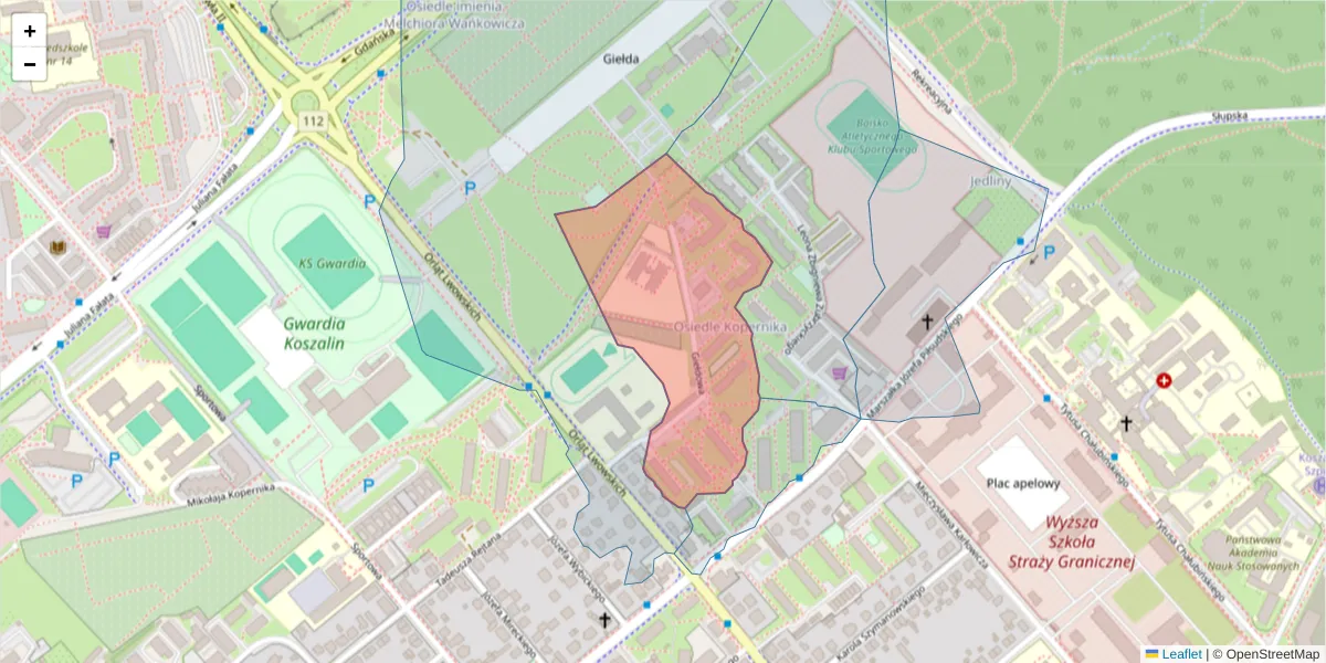 Szczegółowa mapa kodu pocztowego 75-519 z granicami, sąsiednimi kodami pocztowymi i urzędami pocztowymi