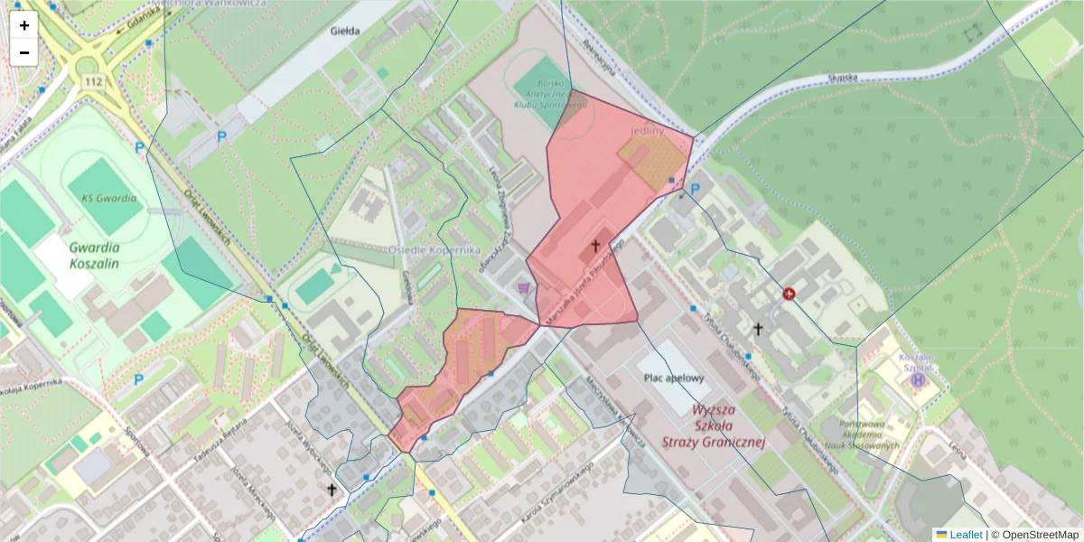 Szczegółowa mapa kodu pocztowego 75-523 z granicami, sąsiednimi kodami pocztowymi i urzędami pocztowymi