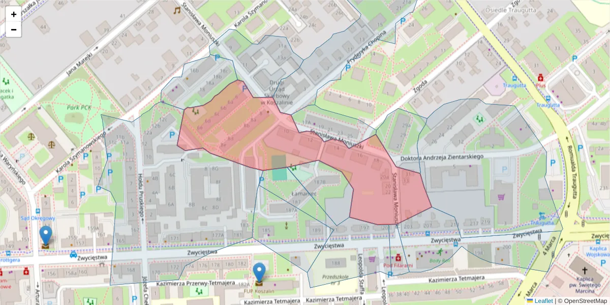 Szczegółowa mapa kodu pocztowego 75-558 z granicami, sąsiednimi kodami pocztowymi i urzędami pocztowymi