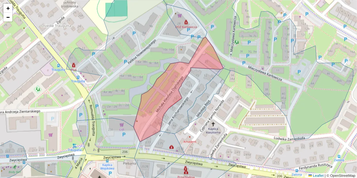 Szczegółowa mapa kodu pocztowego 75-588 z granicami, sąsiednimi kodami pocztowymi i urzędami pocztowymi