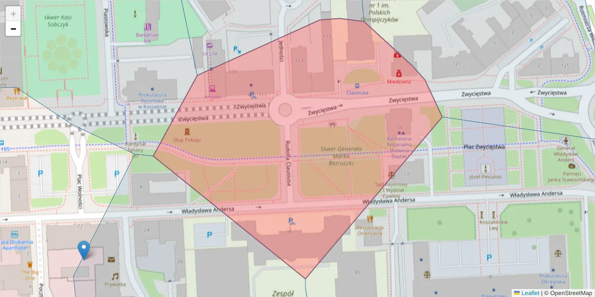 Szczegółowa mapa kodu pocztowego 75-600 z granicami, sąsiednimi kodami pocztowymi i urzędami pocztowymi