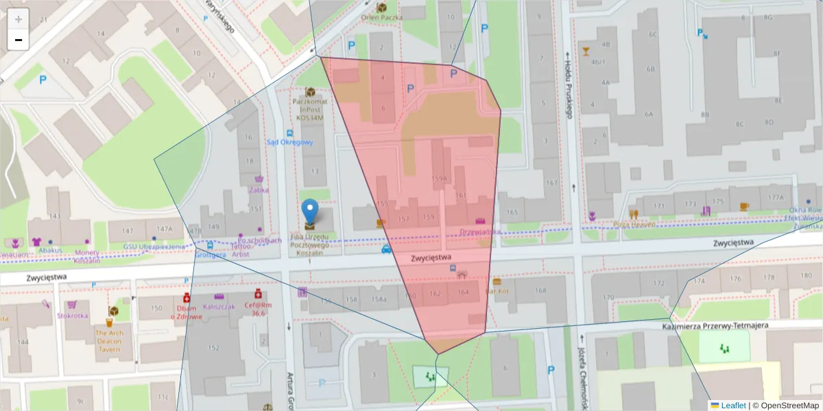 Szczegółowa mapa kodu pocztowego 75-605 z granicami, sąsiednimi kodami pocztowymi i urzędami pocztowymi