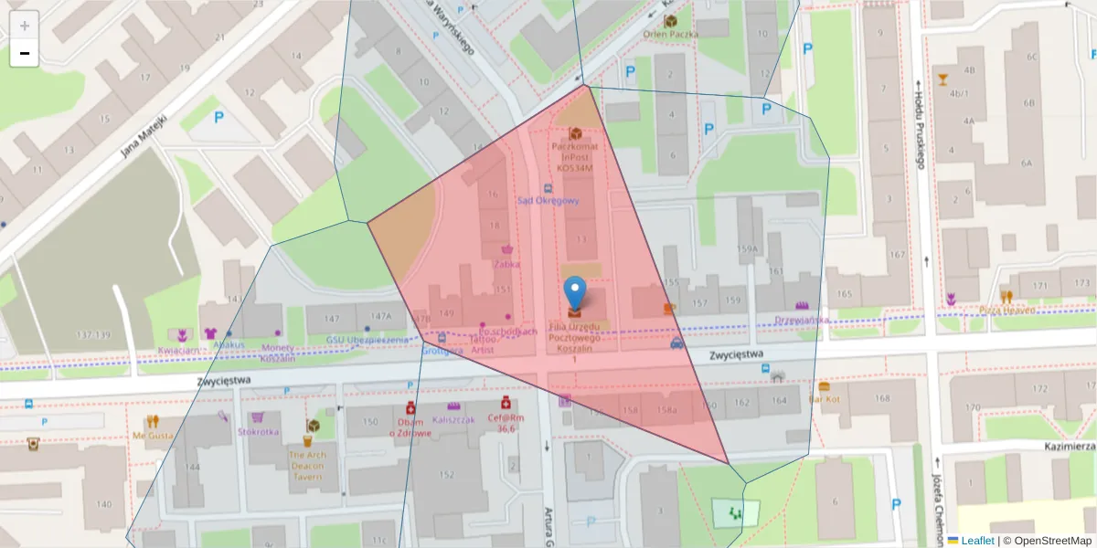 Szczegółowa mapa kodu pocztowego 75-606 z granicami, sąsiednimi kodami pocztowymi i urzędami pocztowymi