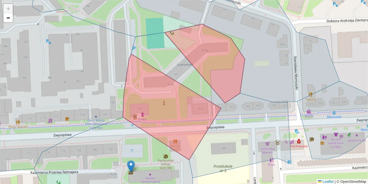 Szczegółowa mapa kodu pocztowego 75-608 z granicami, sąsiednimi kodami pocztowymi i urzędami pocztowymi