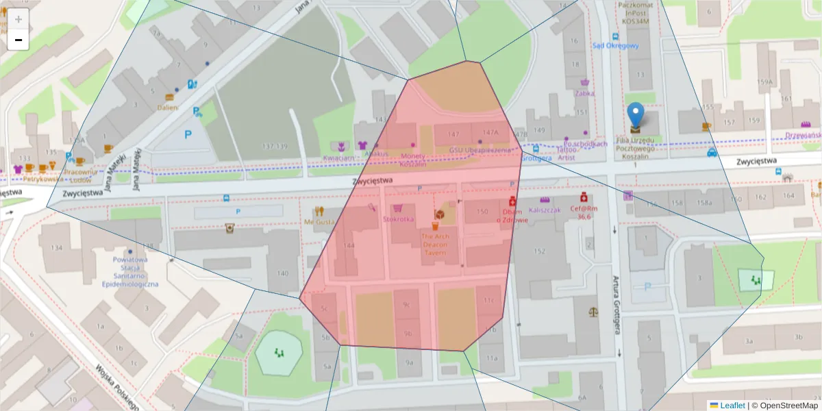 Szczegółowa mapa kodu pocztowego 75-613 z granicami, sąsiednimi kodami pocztowymi i urzędami pocztowymi