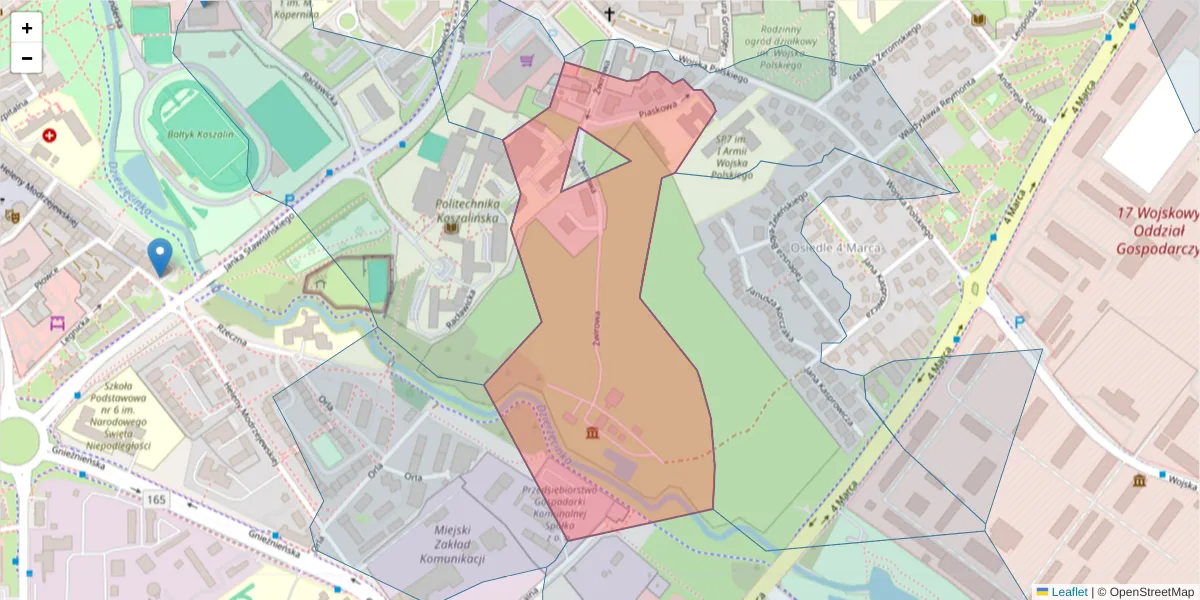 Szczegółowa mapa kodu pocztowego 75-621 z granicami, sąsiednimi kodami pocztowymi i urzędami pocztowymi
