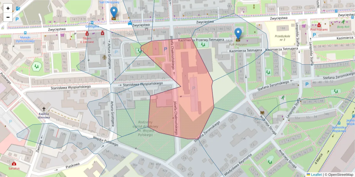 Szczegółowa mapa kodu pocztowego 75-631 z granicami, sąsiednimi kodami pocztowymi i urzędami pocztowymi