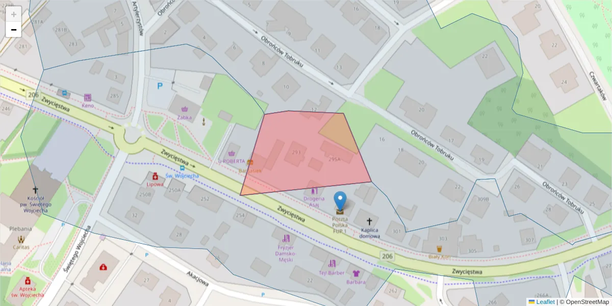Szczegółowa mapa kodu pocztowego 75-641 z granicami, sąsiednimi kodami pocztowymi i urzędami pocztowymi