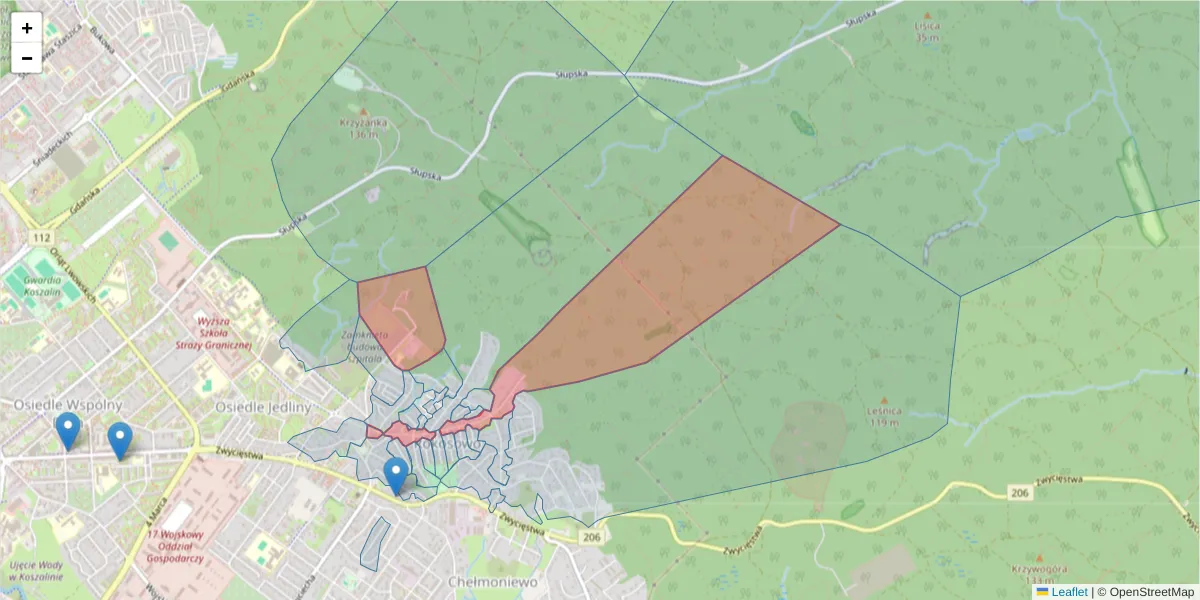 Szczegółowa mapa kodu pocztowego 75-642 z granicami, sąsiednimi kodami pocztowymi i urzędami pocztowymi