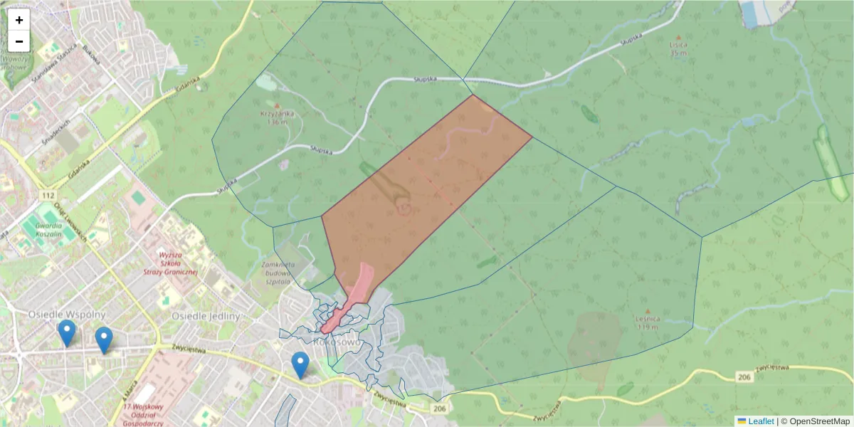 Szczegółowa mapa kodu pocztowego 75-643 z granicami, sąsiednimi kodami pocztowymi i urzędami pocztowymi