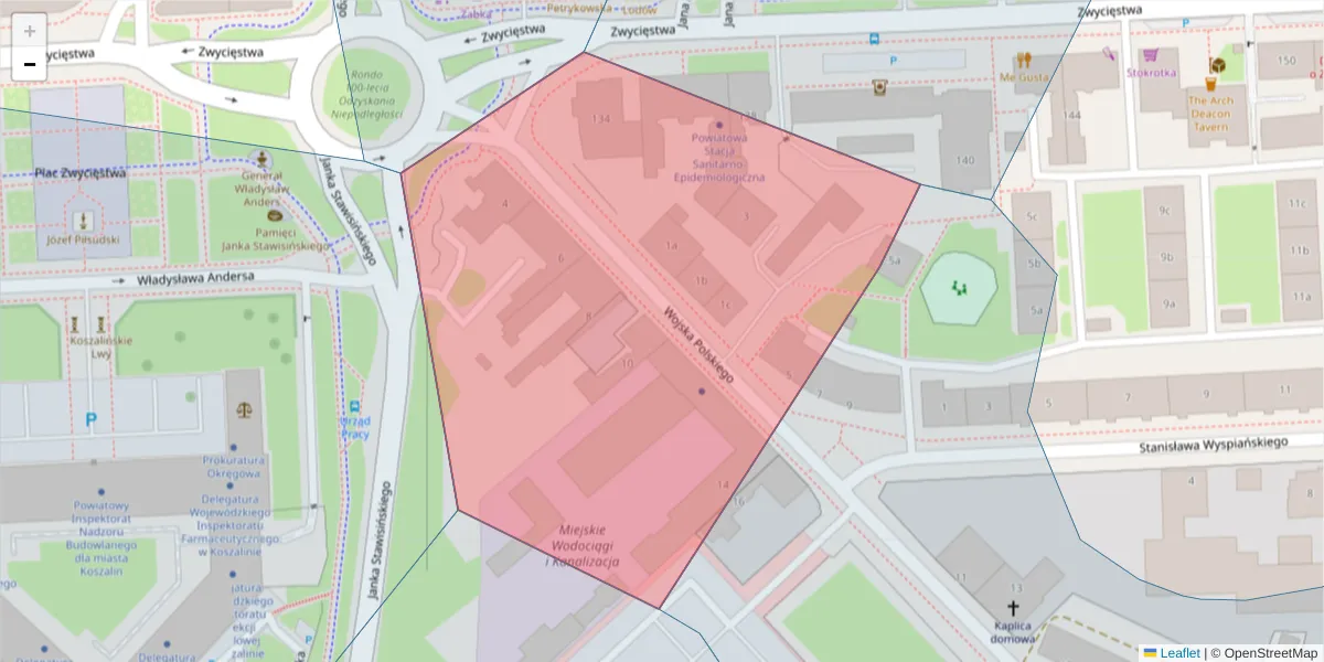 Szczegółowa mapa kodu pocztowego 75-700 z granicami, sąsiednimi kodami pocztowymi i urzędami pocztowymi