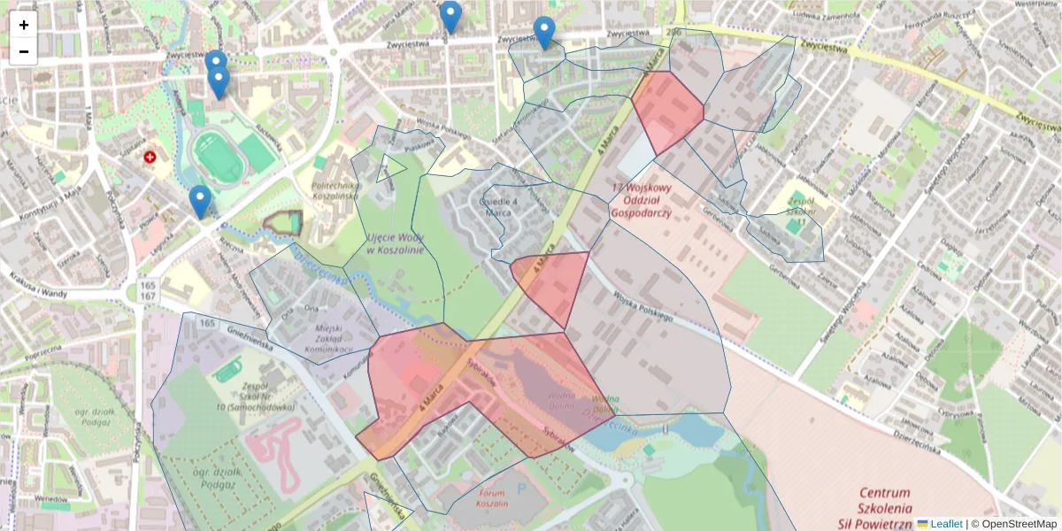 Szczegółowa mapa kodu pocztowego 75-708 z granicami, sąsiednimi kodami pocztowymi i urzędami pocztowymi