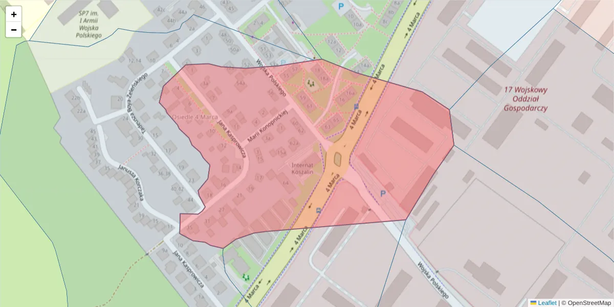 Szczegółowa mapa kodu pocztowego 75-714 z granicami, sąsiednimi kodami pocztowymi i urzędami pocztowymi