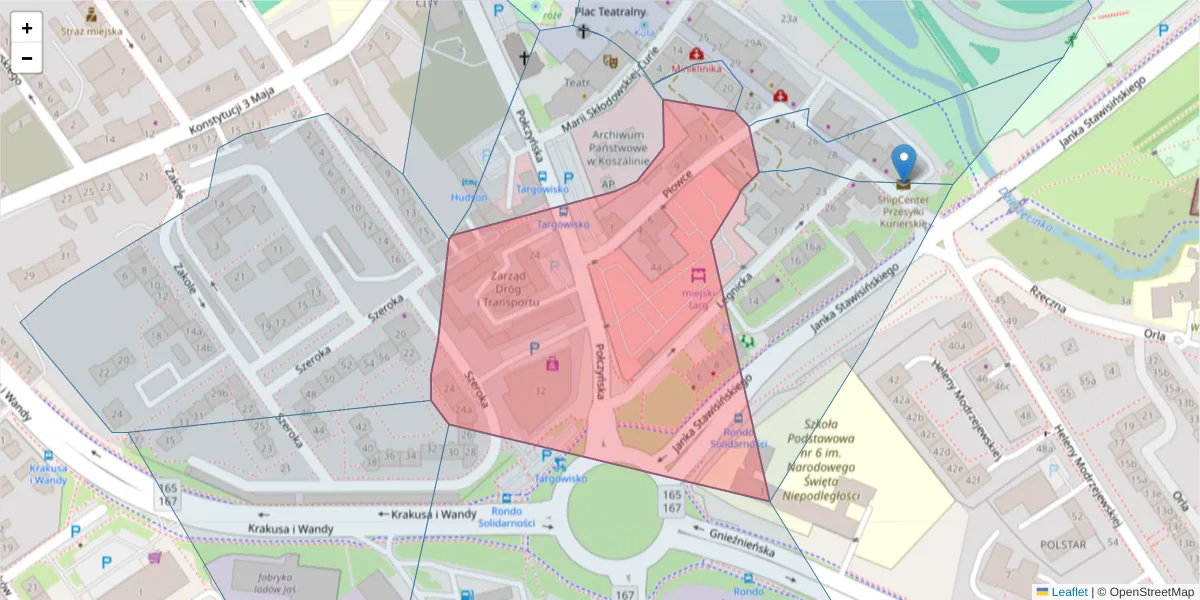 Szczegółowa mapa kodu pocztowego 75-805 z granicami, sąsiednimi kodami pocztowymi i urzędami pocztowymi