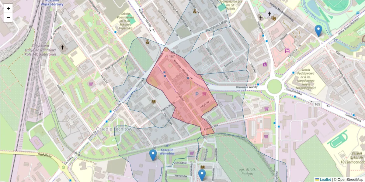 Szczegółowa mapa kodu pocztowego 75-833 z granicami, sąsiednimi kodami pocztowymi i urzędami pocztowymi