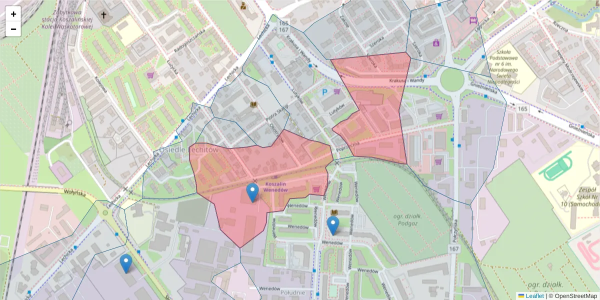 Szczegółowa mapa kodu pocztowego 75-841 z granicami, sąsiednimi kodami pocztowymi i urzędami pocztowymi