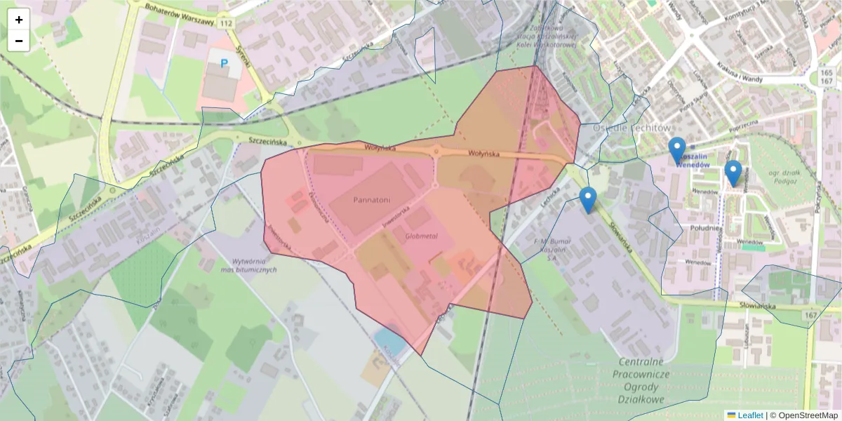 Szczegółowa mapa kodu pocztowego 75-845 z granicami, sąsiednimi kodami pocztowymi i urzędami pocztowymi