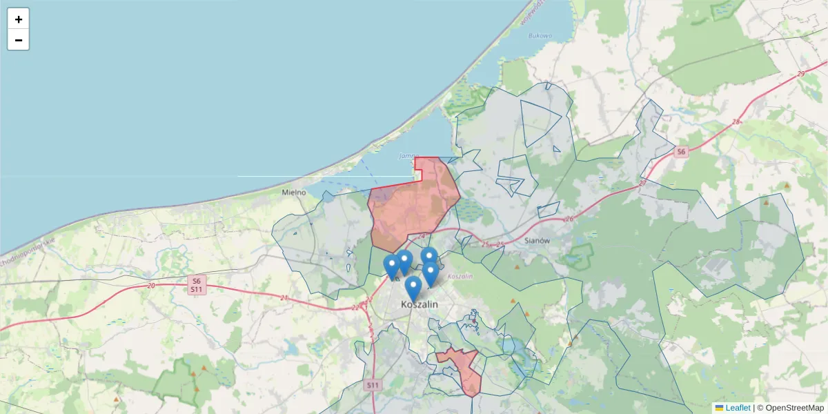 Szczegółowa mapa kodu pocztowego 75-900 z granicami, sąsiednimi kodami pocztowymi i urzędami pocztowymi