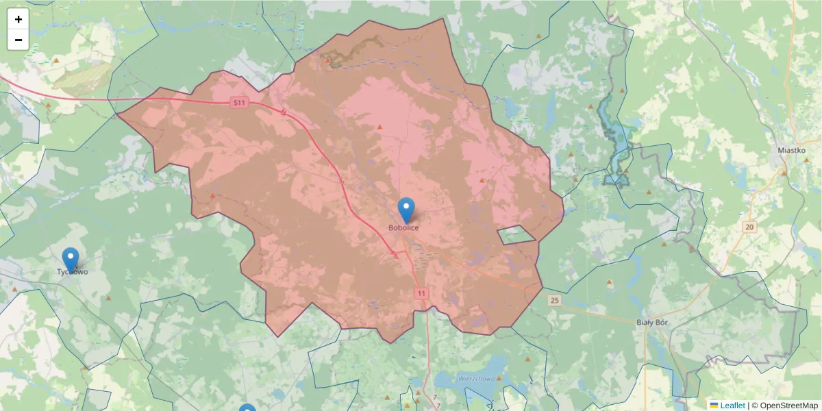 Szczegółowa mapa kodu pocztowego 76-020 z granicami, sąsiednimi kodami pocztowymi i urzędami pocztowymi