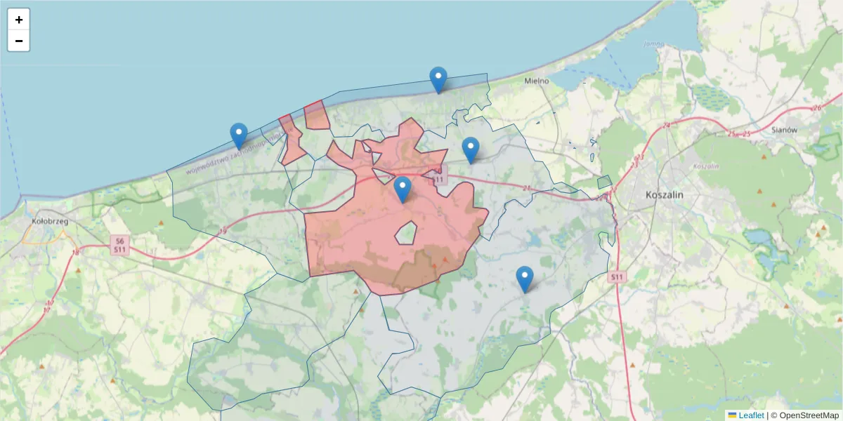 Szczegółowa mapa kodu pocztowego 76-038 z granicami, sąsiednimi kodami pocztowymi i urzędami pocztowymi