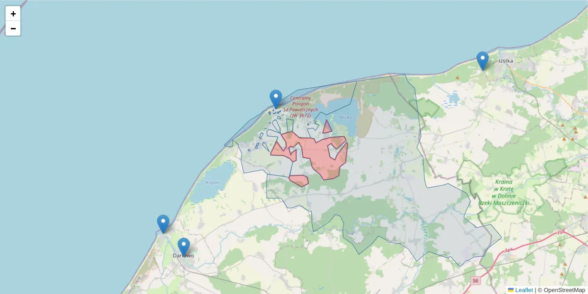 Szczegółowa mapa kodu pocztowego 76-106 z granicami, sąsiednimi kodami pocztowymi i urzędami pocztowymi