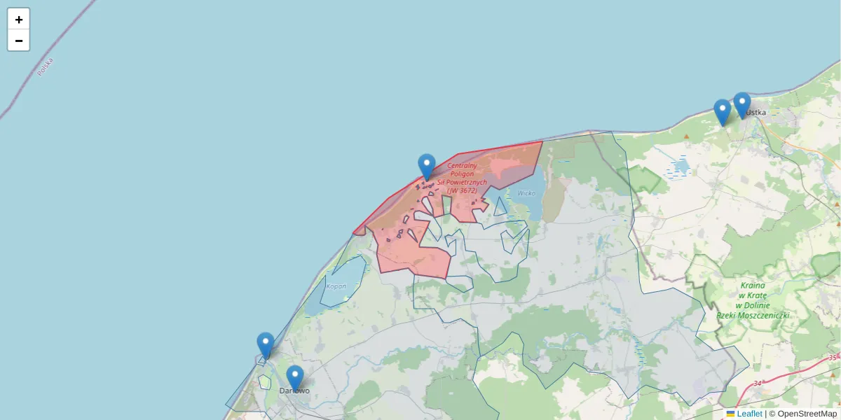 Szczegółowa mapa kodu pocztowego 76-107 z granicami, sąsiednimi kodami pocztowymi i urzędami pocztowymi