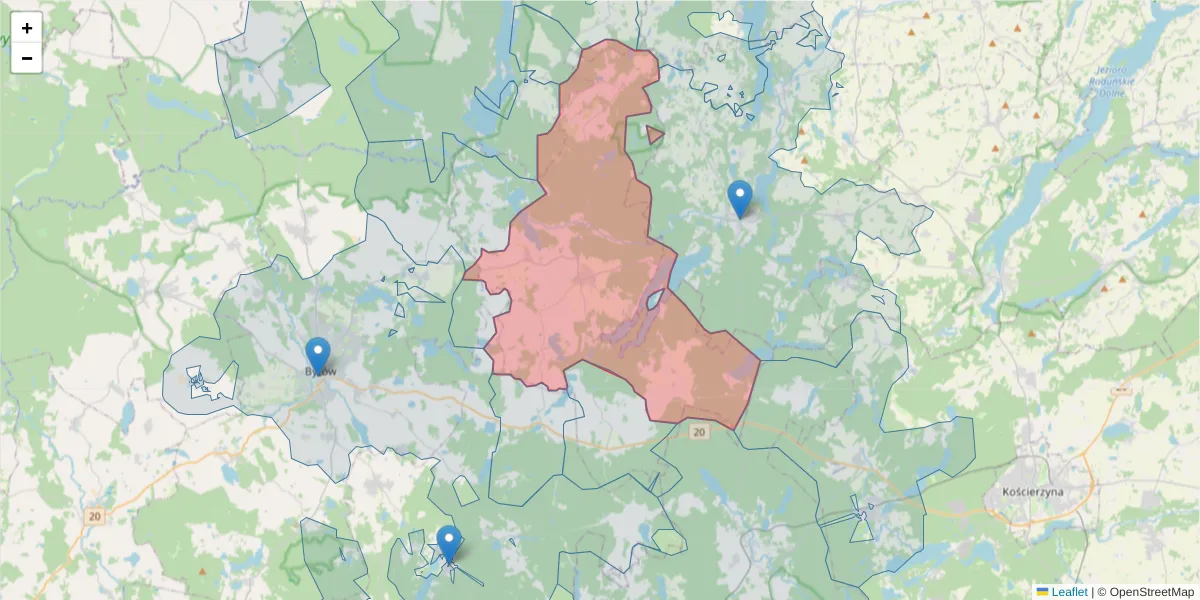 Szczegółowa mapa kodu pocztowego 77-124 z granicami, sąsiednimi kodami pocztowymi i urzędami pocztowymi